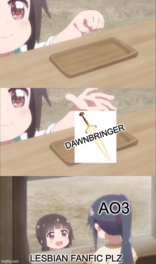 Yuu buys a cookie | DAWNBRINGER; AO3; LESBIAN FANFIC PLZ | image tagged in yuu buys a cookie,dungeons and dragons | made w/ Imgflip meme maker