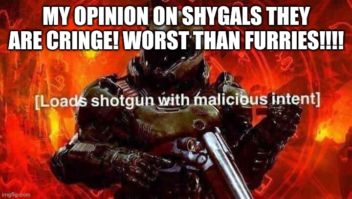My opinion on shy gals.. | MY OPINION ON SHYGALS THEY ARE CRINGE! WORST THAN FURRIES!!!! | image tagged in loads shotgun with malicious intent | made w/ Imgflip meme maker