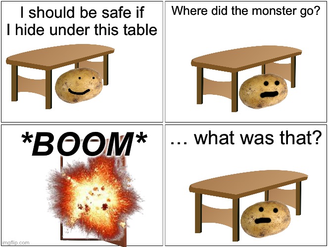 Finally the next part | I should be safe if I hide under this table; Where did the monster go? *BOOM*; … what was that? | image tagged in memes,blank comic panel 2x2 | made w/ Imgflip meme maker