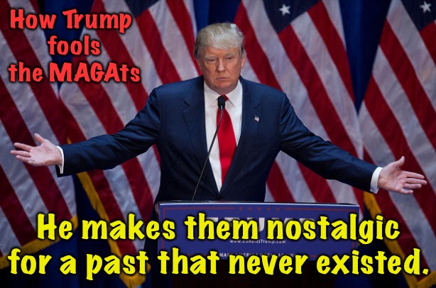 Wake up, MAGAts! | How Trump 
fools the MAGAts; He makes them nostalgic for a past that never existed. | image tagged in donald trump,magats | made w/ Imgflip meme maker