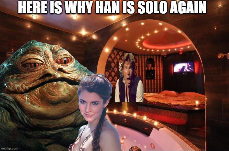 Princess Leia's Affair | HERE IS WHY HAN IS SOLO AGAIN | image tagged in return of the jedi,princess leia,jabba the hutt,han solo | made w/ Imgflip meme maker