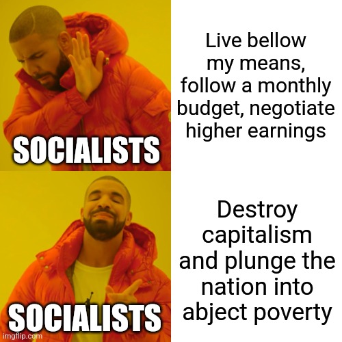 I always admired their creative ways of solving their own problems. | Live bellow my means, follow a monthly budget, negotiate higher earnings; SOCIALISTS; Destroy capitalism and plunge the nation into abject poverty; SOCIALISTS | image tagged in memes,drake hotline bling,socialism,democrats,republicans,political meme | made w/ Imgflip meme maker