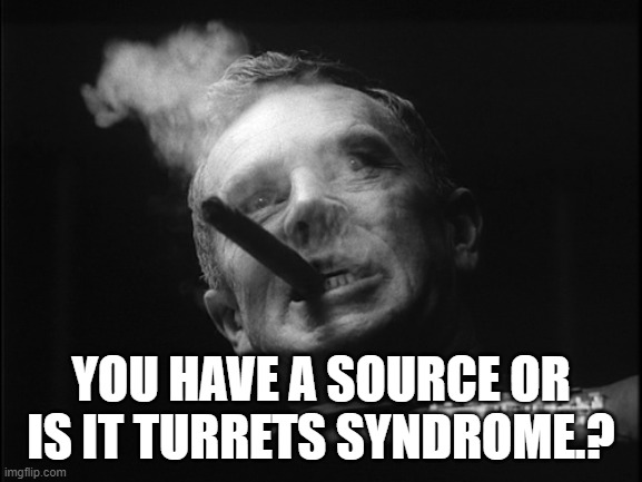 General Ripper (Dr. Strangelove) | YOU HAVE A SOURCE OR IS IT TURRETS SYNDROME.? | image tagged in general ripper dr strangelove | made w/ Imgflip meme maker