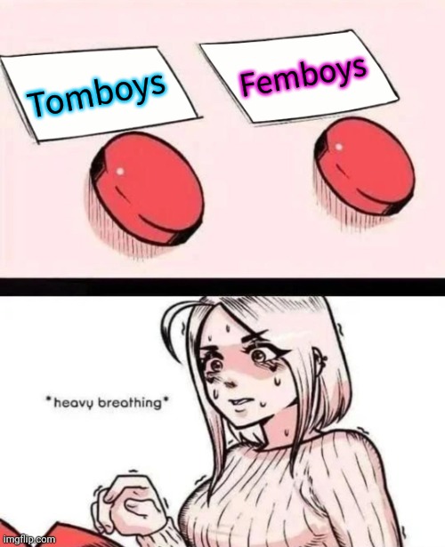 I like androgynous people. | Femboys; Tomboys | image tagged in women two buttons meme,pressing both buttons,bisexual,lgbt,interesting | made w/ Imgflip meme maker
