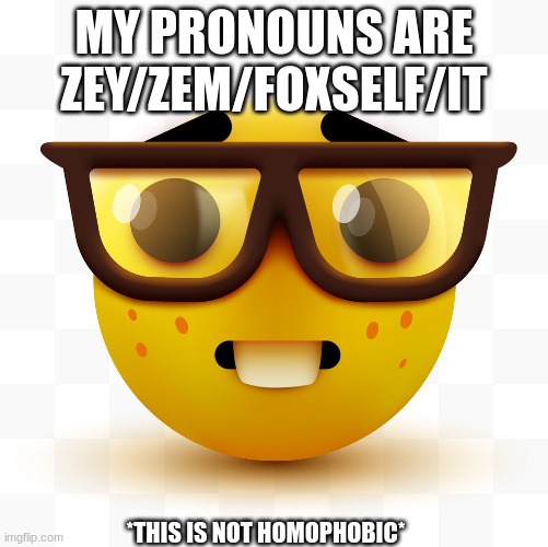 not a anti lgbt post | MY PRONOUNS ARE ZEY/ZEM/FOXSELF/IT; *THIS IS NOT HOMOPHOBIC* | image tagged in nerd emoji | made w/ Imgflip meme maker