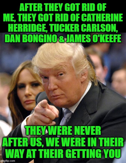 It is About Destroying America | AFTER THEY GOT RID OF ME, THEY GOT RID OF CATHERINE HERRIDGE, TUCKER CARLSON, DAN BONGINO & JAMES O'KEEFE; THEY WERE NEVER AFTER US, WE WERE IN THEIR WAY AT THEIR GETTING YOU | image tagged in trump,o'keefe,carlson,herridge,freedom | made w/ Imgflip meme maker