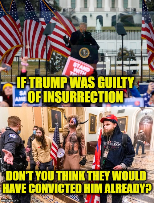 Guilty until proven innocent | IF TRUMP WAS GUILTY
OF INSURRECTION; DON'T YOU THINK THEY WOULD 
HAVE CONVICTED HIM ALREADY? | image tagged in trump | made w/ Imgflip meme maker