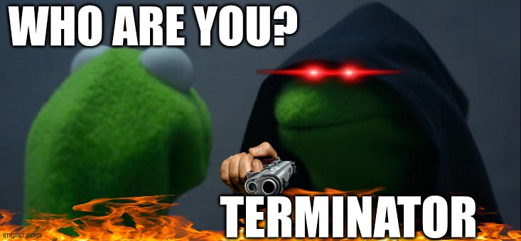 Kermit Terminator :) | WHO ARE YOU? TERMINATOR | image tagged in memes,evil kermit | made w/ Imgflip meme maker