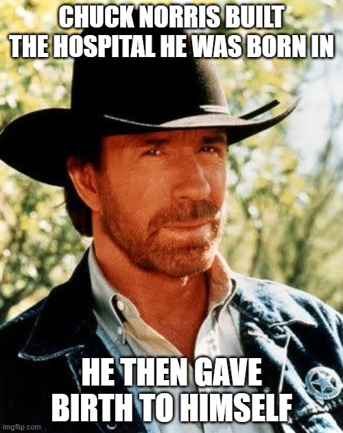 Chuck Norris Meme | CHUCK NORRIS BUILT THE HOSPITAL HE WAS BORN IN; HE THEN GAVE BIRTH TO HIMSELF | image tagged in memes,chuck norris | made w/ Imgflip meme maker