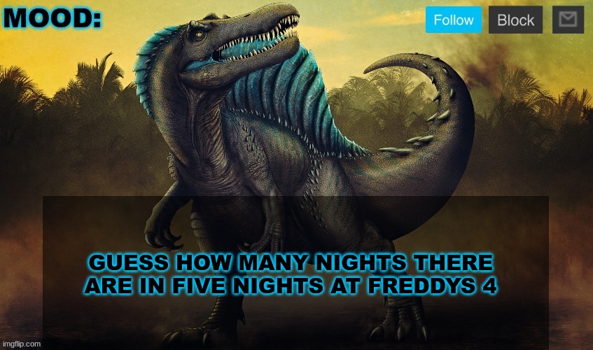 JPSpinoSaurus template 2024 v2 | GUESS HOW MANY NIGHTS THERE ARE IN FIVE NIGHTS AT FREDDYS 4 | image tagged in jpspinosaurus template 2024 v2 | made w/ Imgflip meme maker