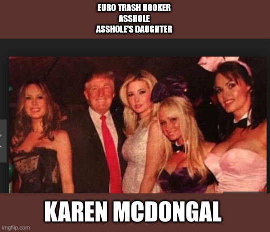 Karen Mcdongal | EURO TRASH HOOKER 
ASSHOLE 
ASSHOLE'S DAUGHTER; KAREN MCDONGAL | image tagged in euro trash | made w/ Imgflip meme maker