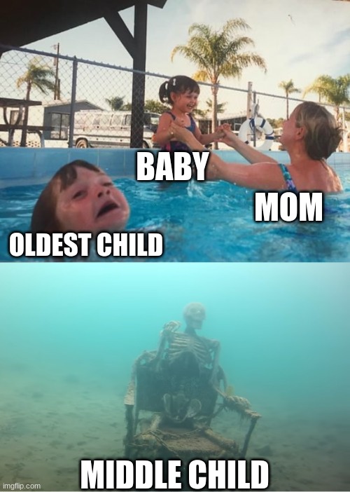 Swimming Pool Kids | BABY; MOM; OLDEST CHILD; MIDDLE CHILD | image tagged in swimming pool kids | made w/ Imgflip meme maker