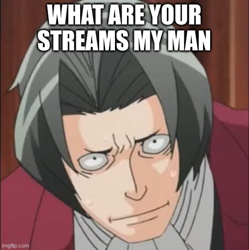 Disturbed Edgeworth | WHAT ARE YOUR STREAMS MY MAN | image tagged in disturbed edgeworth | made w/ Imgflip meme maker