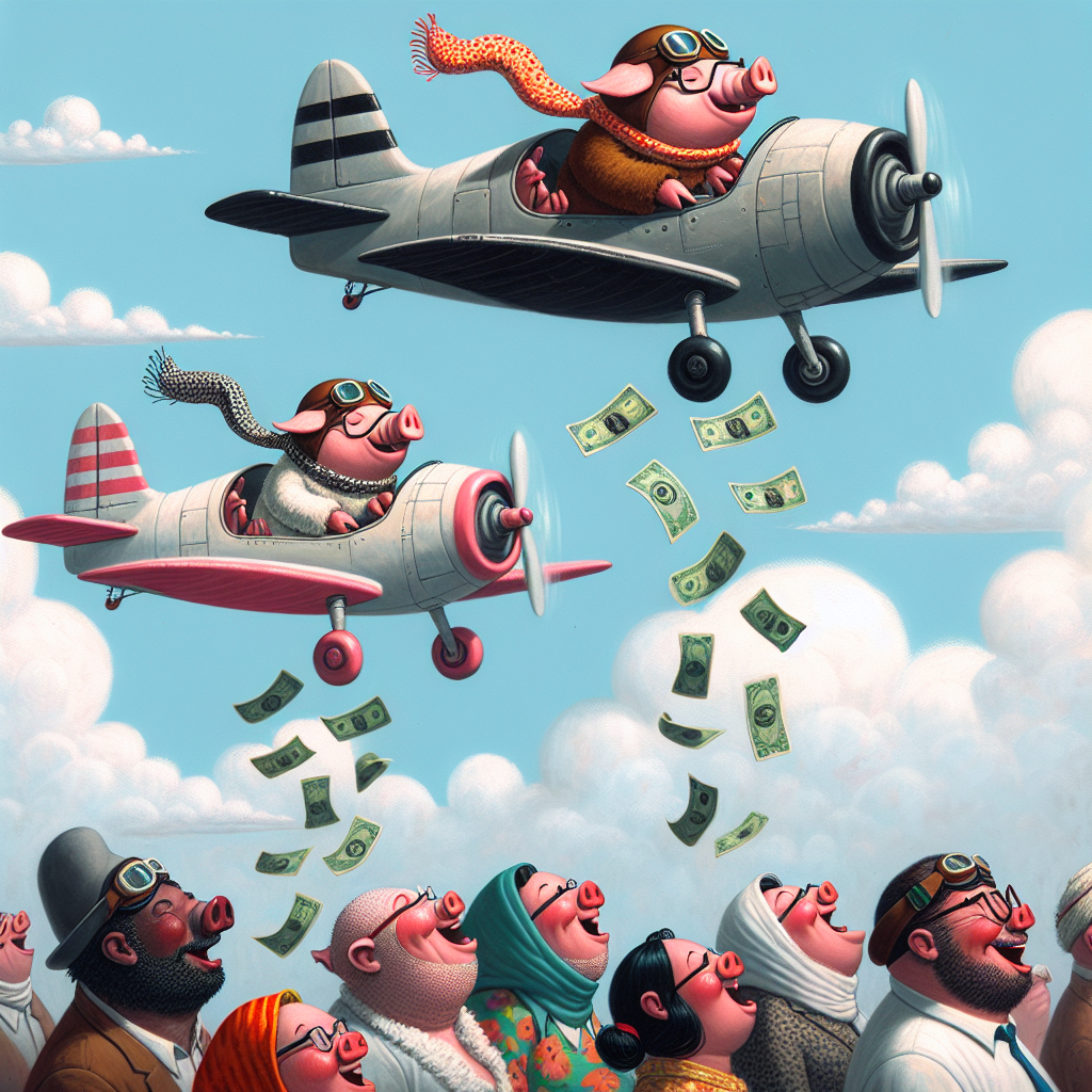 Pigs flying planes and dropping money to the community below Blank Meme Template
