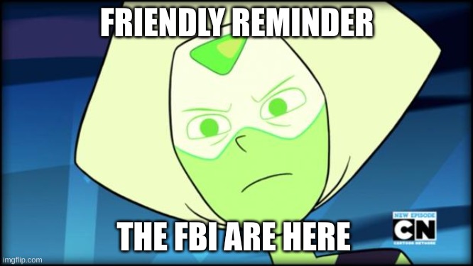 Mad Peridot | FRIENDLY REMINDER; THE FBI ARE HERE | image tagged in mad peridot | made w/ Imgflip meme maker