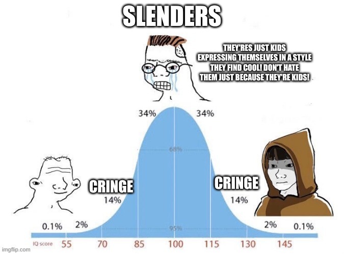 bell curve | SLENDERS; THEY'RES JUST KIDS EXPRESSING THEMSELVES IN A STYLE THEY FIND COOL! DON'T HATE THEM JUST BECAUSE THEY'RE KIDS! CRINGE; CRINGE | image tagged in bell curve | made w/ Imgflip meme maker