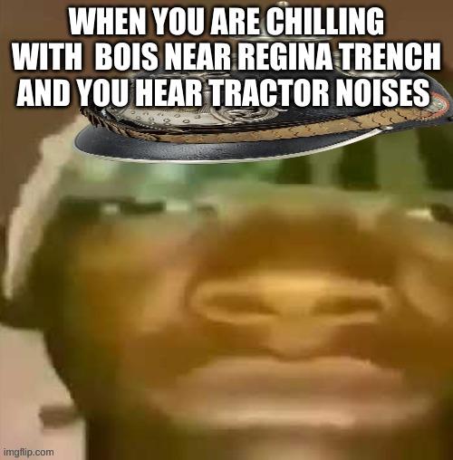 Ww1 soldier | WHEN YOU ARE CHILLING WITH  BOIS NEAR REGINA TRENCH AND YOU HEAR TRACTOR NOISES | image tagged in ww1 soldier | made w/ Imgflip meme maker