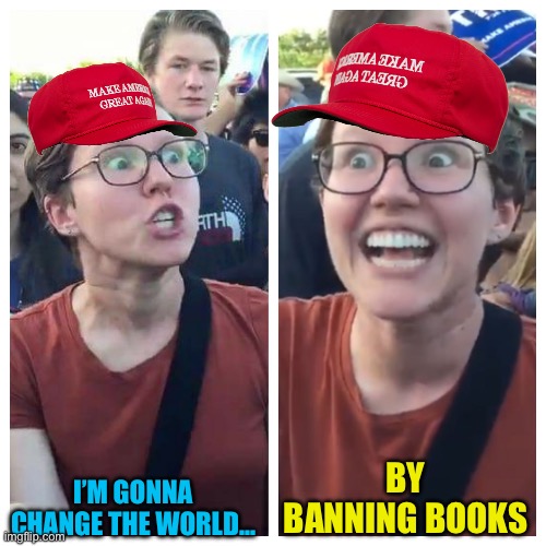 Social Justice Warrior Hypocrisy | BY BANNING BOOKS; I’M GONNA CHANGE THE WORLD… | image tagged in social justice warrior hypocrisy | made w/ Imgflip meme maker