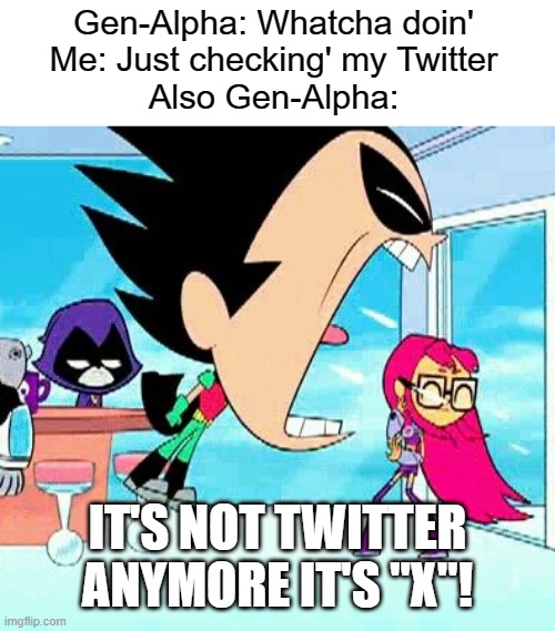 WE GET IT! | Gen-Alpha: Whatcha doin'
Me: Just checking' my Twitter
Also Gen-Alpha:; IT'S NOT TWITTER ANYMORE IT'S "X"! | image tagged in robin yelling at starfire,twitter,x,it's not twitter anymore it's x,this tag is not important | made w/ Imgflip meme maker