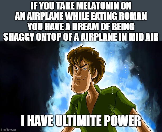 Ultra instinct shaggy | IF YOU TAKE MELATONIN ON AN AIRPLANE WHILE EATING ROMAN YOU HAVE A DREAM OF BEING SHAGGY ONTOP OF A AIRPLANE IN MID AIR; I HAVE ULTIMITE POWER | image tagged in ultra instinct shaggy | made w/ Imgflip meme maker