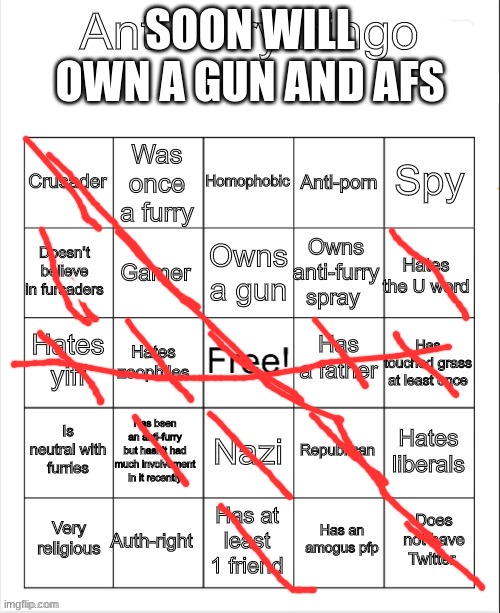 Anti-Furry bingo | SOON WILL OWN A GUN AND AFS | image tagged in anti-furry bingo | made w/ Imgflip meme maker