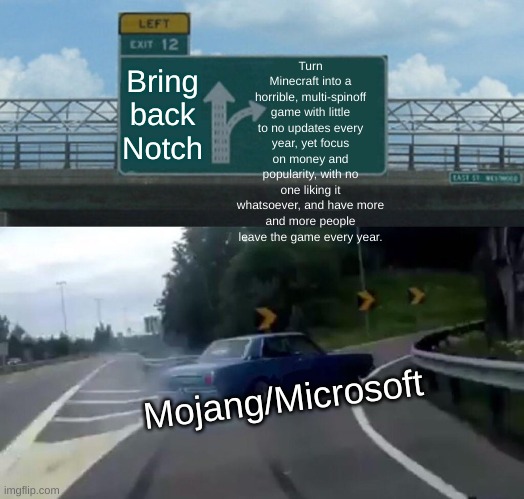 Minecraft's gonna die soon. | Turn Minecraft into a horrible, multi-spinoff game with little to no updates every year, yet focus on money and popularity, with no one liking it whatsoever, and have more and more people leave the game every year. Bring back Notch; Mojang/Microsoft | image tagged in left exit 12 off ramp,minecraft,memes,fun,deep | made w/ Imgflip meme maker