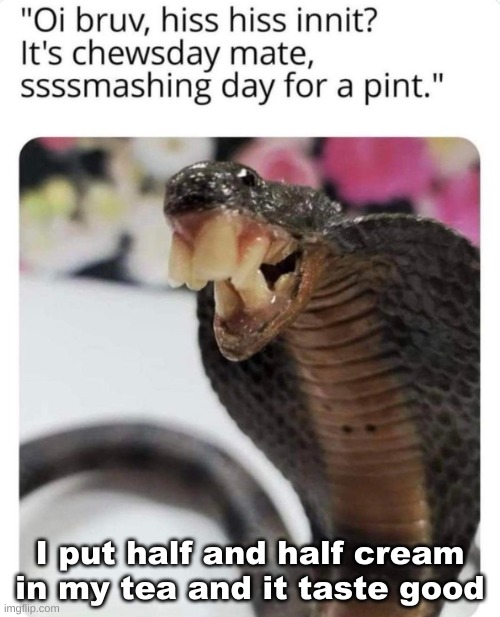 Bri'ish SnAYKE | I put half and half cream in my tea and it taste good | image tagged in bri'ish snayke | made w/ Imgflip meme maker