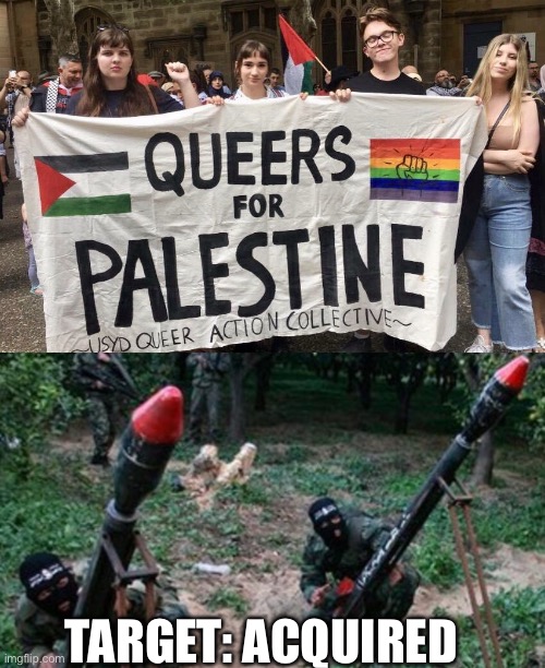 TARGET: ACQUIRED | image tagged in queers for palestine,hamas terrorists | made w/ Imgflip meme maker