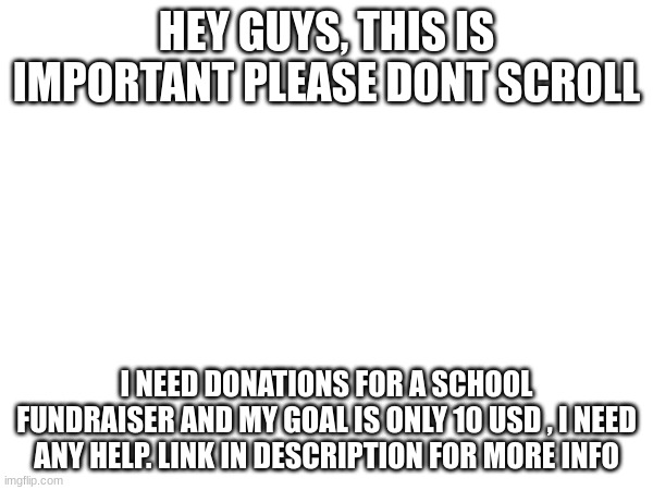 all donations help | HEY GUYS, THIS IS IMPORTANT PLEASE DONT SCROLL; I NEED DONATIONS FOR A SCHOOL FUNDRAISER AND MY GOAL IS ONLY 10 USD , I NEED ANY HELP. LINK IN DESCRIPTION FOR MORE INFO | image tagged in donations,thank you,popular memes | made w/ Imgflip meme maker