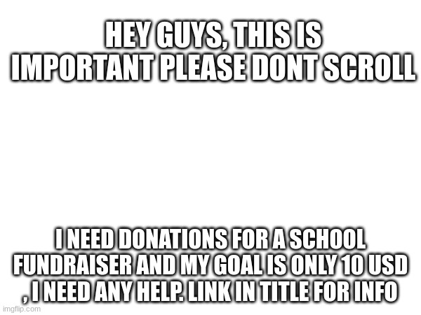 https://www2.heart.org/site/TR?fr_id=9738&pg=personal&px=27976474 | HEY GUYS, THIS IS IMPORTANT PLEASE DONT SCROLL; I NEED DONATIONS FOR A SCHOOL FUNDRAISER AND MY GOAL IS ONLY 10 USD , I NEED ANY HELP. LINK IN TITLE FOR INFO | image tagged in help,donations,school | made w/ Imgflip meme maker