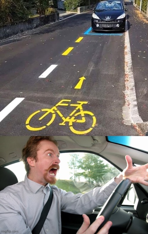 Bike sign on road | image tagged in angry driver,bicycle,car,you had one job,memes,road | made w/ Imgflip meme maker