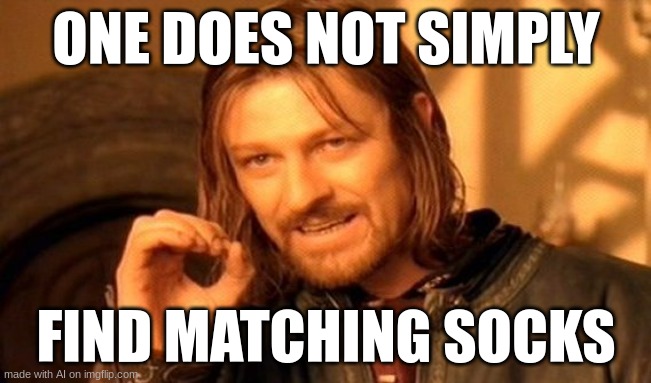 One Does Not Simply | ONE DOES NOT SIMPLY; FIND MATCHING SOCKS | image tagged in memes,one does not simply | made w/ Imgflip meme maker