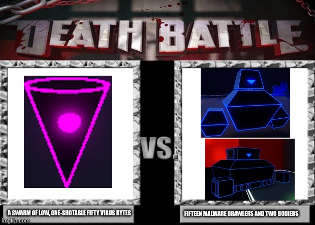death battle | A SWARM OF LOW, ONE-SHOTABLE FIFTY VIRUS BYTES; FIFTEEN MALWARE BRAWLERS AND TWO BODIERS | image tagged in death battle | made w/ Imgflip meme maker