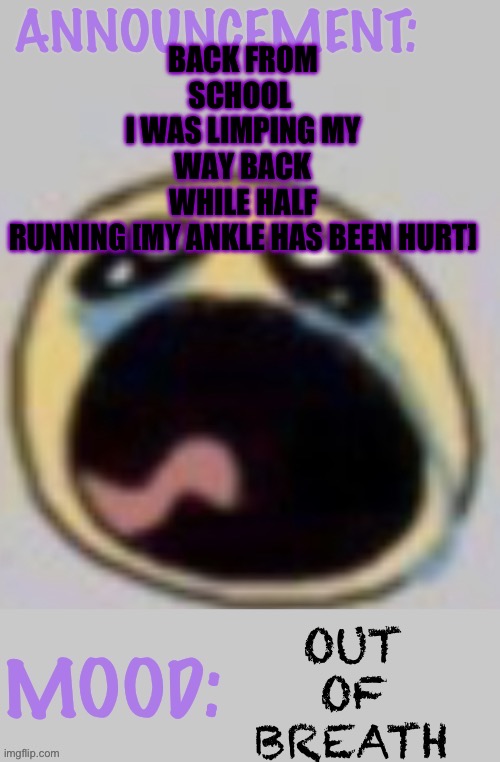 Wowzers | BACK FROM SCHOOL 
I WAS LIMPING MY WAY BACK WHILE HALF RUNNING [MY ANKLE HAS BEEN HURT]; OUT OF BREATH | image tagged in bloomys announcement template,wowzers | made w/ Imgflip meme maker
