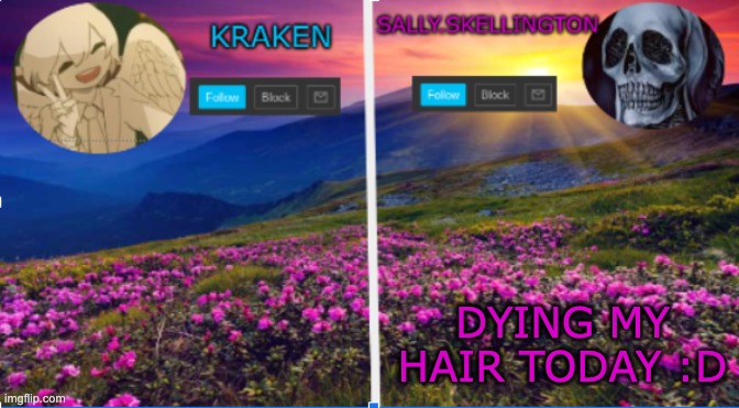 its been a month | DYING MY HAIR TODAY :D | image tagged in sally skellington and kraken announcment template | made w/ Imgflip meme maker