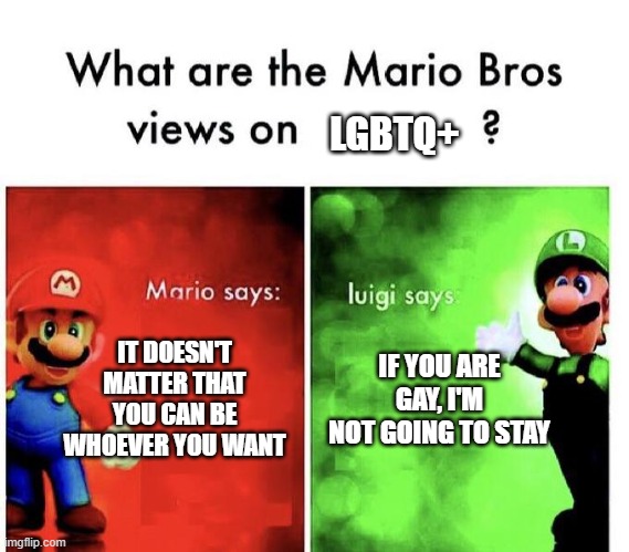 I'm not homophobic, it's just doesn't feel right to me. | LGBTQ+; IT DOESN'T MATTER THAT YOU CAN BE WHOEVER YOU WANT; IF YOU ARE GAY, I'M NOT GOING TO STAY | image tagged in mario bros views,memes,funny,lgbtq | made w/ Imgflip meme maker