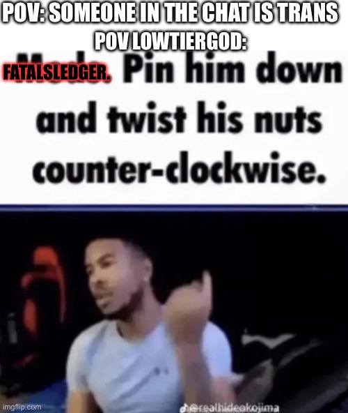 Lowtiergod be like: | POV: SOMEONE IN THE CHAT IS TRANS; POV LOWTIERGOD:; FATALSLEDGER. | image tagged in lowtiergod pin him down meme,transphobic,straight | made w/ Imgflip meme maker