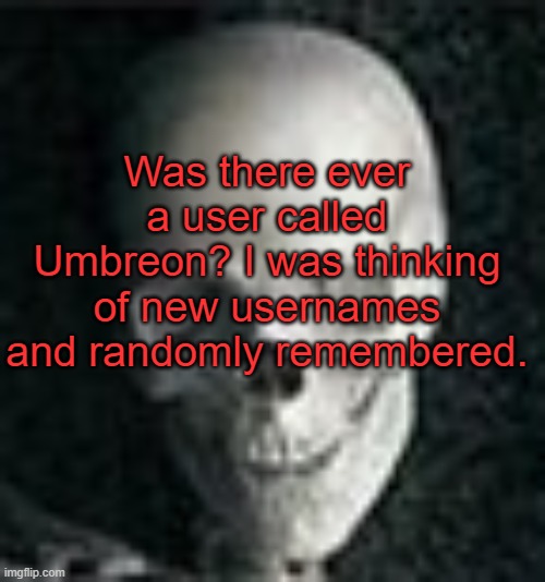Are they still here? | Was there ever a user called Umbreon? I was thinking of new usernames and randomly remembered. | image tagged in skull | made w/ Imgflip meme maker