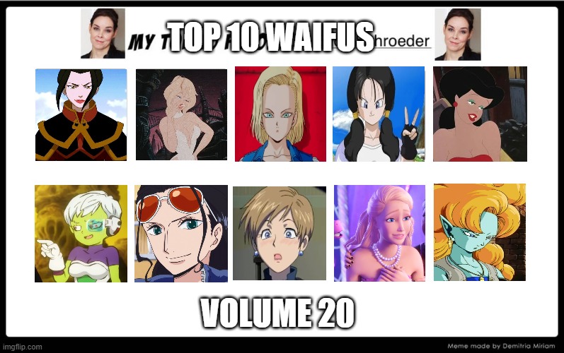 top 10 waifus volume 20 | TOP 10 WAIFUS; VOLUME 20 | image tagged in top 10 erica schroeder roles,waifu,dragon ball z,azula,barbie,anime | made w/ Imgflip meme maker