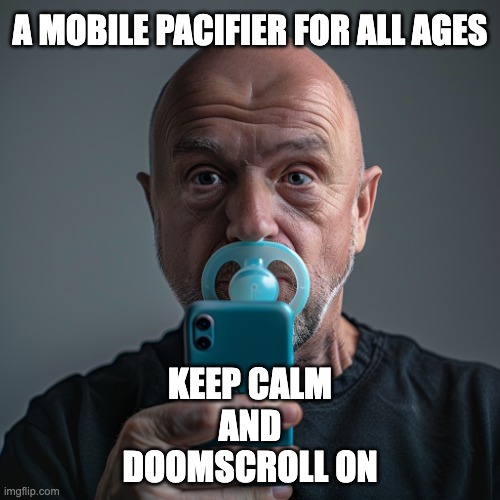 a mobile pacifier for all ages | A MOBILE PACIFIER FOR ALL AGES; KEEP CALM
AND
DOOMSCROLL ON | image tagged in the mobile pacifier,social media,doomscroll,pacifier | made w/ Imgflip meme maker