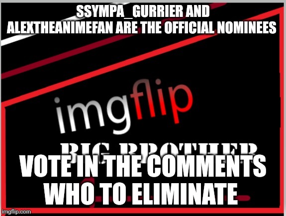 Eviction | SSYMPA_GURRIER AND ALEXTHEANIMEFAN ARE THE OFFICIAL NOMINEES; VOTE IN THE COMMENTS WHO TO ELIMINATE | image tagged in imgflip big brother 4 logo | made w/ Imgflip meme maker