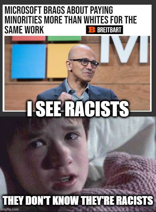 I See Lawsuits Incoming | I SEE RACISTS; THEY DON'T KNOW THEY'RE RACISTS | image tagged in i see dead people,microsoft,no racism,deep state division,of one many | made w/ Imgflip meme maker