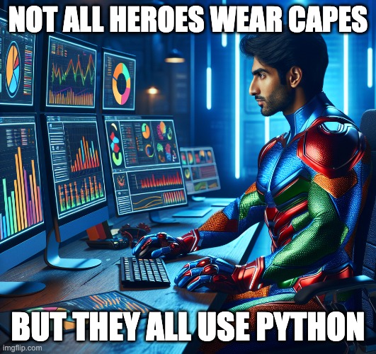 Data Wrangling Superhero | NOT ALL HEROES WEAR CAPES; BUT THEY ALL USE PYTHON | image tagged in data,computer,superhero,python,coding | made w/ Imgflip meme maker