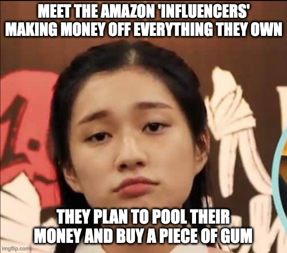 Wannabe influencer | MEET THE AMAZON 'INFLUENCERS' MAKING MONEY OFF EVERYTHING THEY OWN; THEY PLAN TO POOL THEIR MONEY AND BUY A PIECE OF GUM | image tagged in wannabe influencer | made w/ Imgflip meme maker