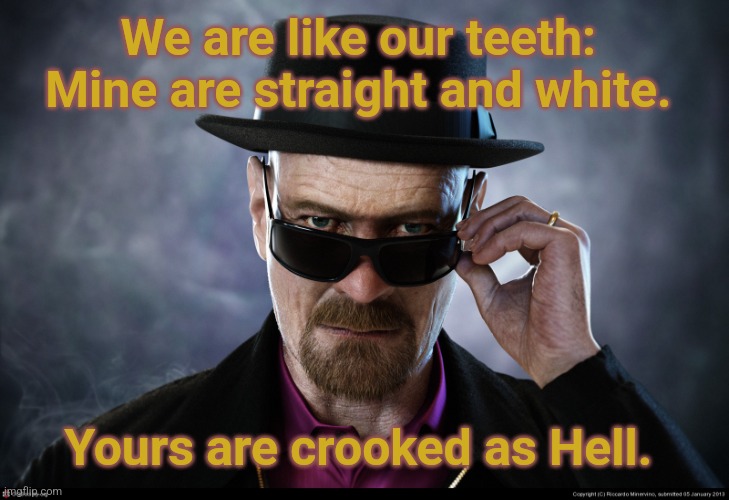 We are Not the Same | We are like our teeth:  Mine are straight and white. Yours are crooked as Hell. | image tagged in heisenberg,straight,white,crooked,we are not the same | made w/ Imgflip meme maker