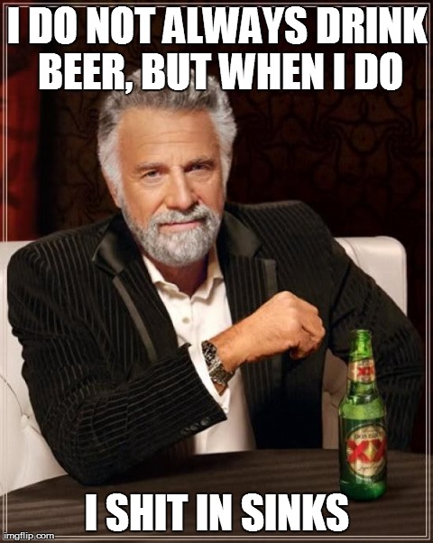 The Most Interesting Man In The World | I DO NOT ALWAYS DRINK BEER, BUT WHEN I DO I SHIT IN SINKS | image tagged in memes,the most interesting man in the world | made w/ Imgflip meme maker