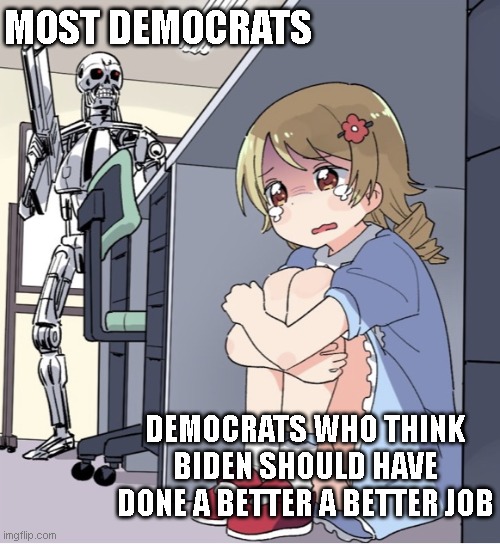 Anime Girl Hiding from Terminator | MOST DEMOCRATS; DEMOCRATS WHO THINK BIDEN SHOULD HAVE DONE A BETTER A BETTER JOB | image tagged in anime girl hiding from terminator | made w/ Imgflip meme maker