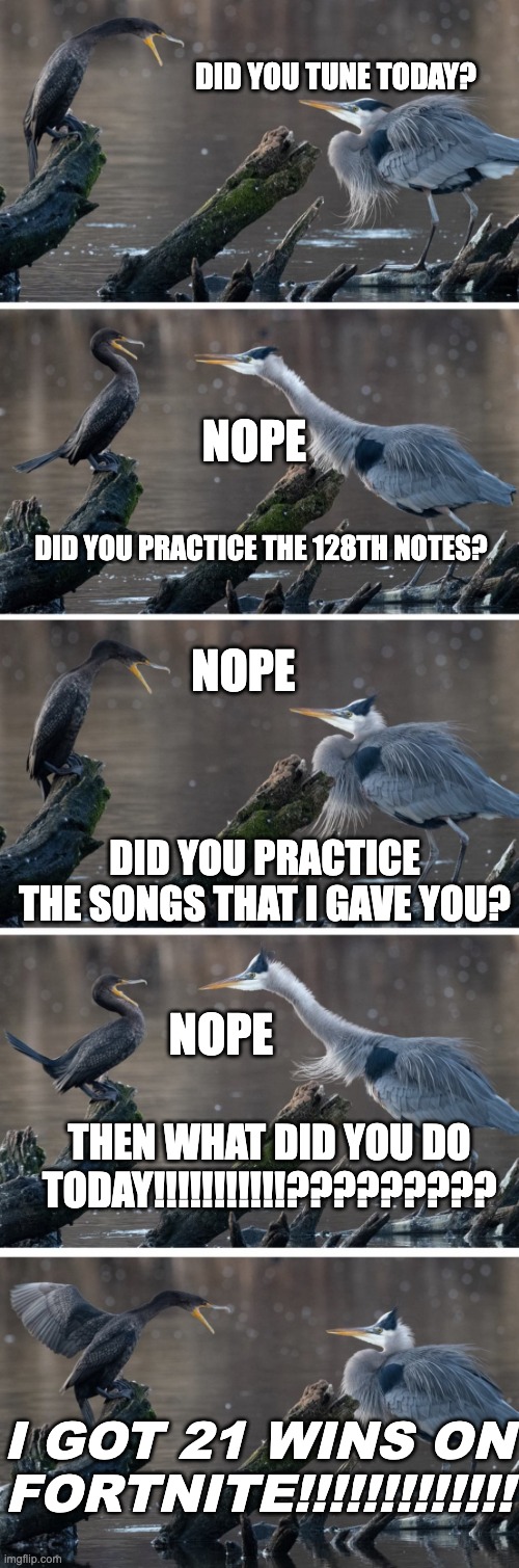 Screaming Bird Argument | DID YOU TUNE TODAY? NOPE; DID YOU PRACTICE THE 128TH NOTES? NOPE; DID YOU PRACTICE THE SONGS THAT I GAVE YOU? NOPE; THEN WHAT DID YOU DO TODAY!!!!!!!!!!!????????? I GOT 21 WINS ON FORTNITE!!!!!!!!!!!!! | image tagged in screaming bird argument | made w/ Imgflip meme maker