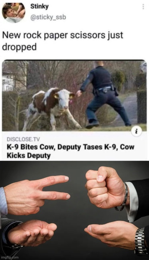 K-9, Cow, and Deputy | image tagged in rock paper scissors,cow,deputy,reposts,repost,memes | made w/ Imgflip meme maker