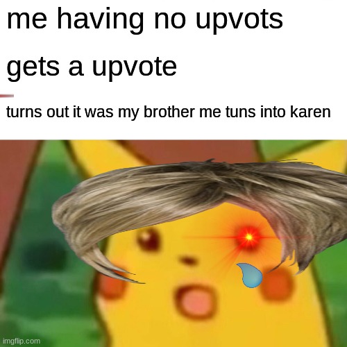 Surprised Pikachu Meme | me having no upvots; gets a upvote; turns out it was my brother me tuns into karen | image tagged in memes,surprised pikachu | made w/ Imgflip meme maker